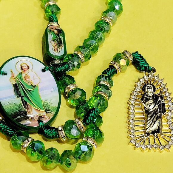 San Judas Tadeo Rosario Necklace crystal beads Rosary Saint Jude 10mm 2 sided - Picture 1 of 12